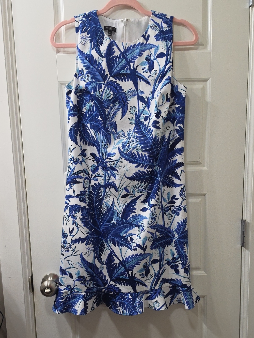 ✨ Talbots Blue Botanical Ruffle-Hem Shift Dress – Size 2P ✨
